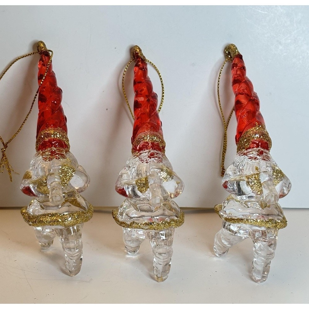 Vintage Acrylic Santa Playing Flute Christmas Ornaments Lot of 3 Glitter